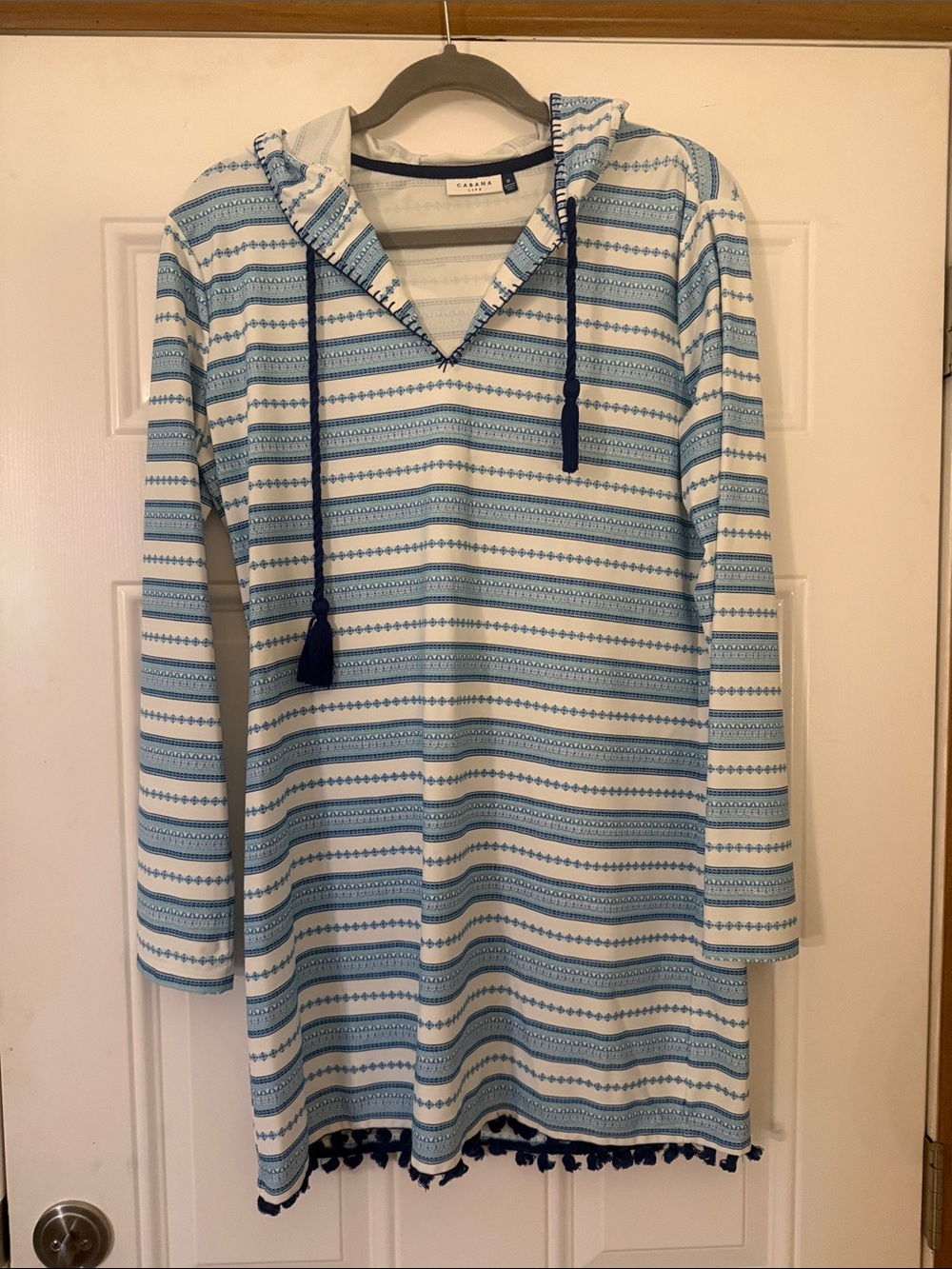 Cabana Life Blue and White Striped Swim Coverup with Hood